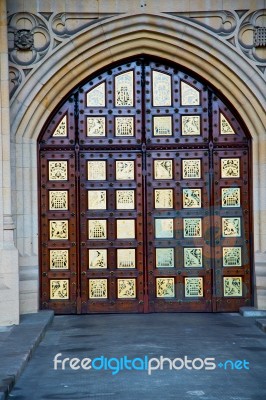 Parliament In London Old Church Door And Marble Antique  Wall Stock Photo