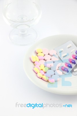 Part Of Medicine Tablet Dish On Table Stock Photo