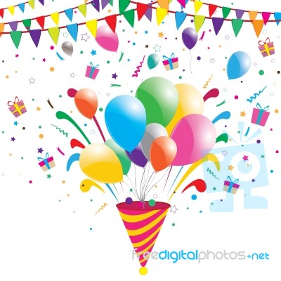 Party Event With Multicolored Balloons On A Sky And Star Background. Congratulations And Holiday Event Stock Image