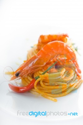 Pasta And Spicy Shrimps Stock Photo