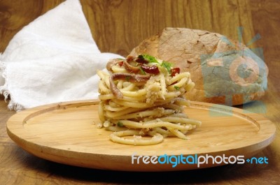 Pasta Noddles On Wooden Plate Stock Photo