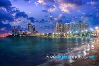 Pattaya City And Sea In Twilight, Thailand Stock Photo