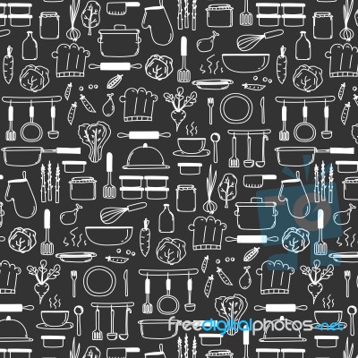 Pattern With Line Hand Drawn Doodle Cooking Set Include Cooking Equipment & Raw Materials Stock Image