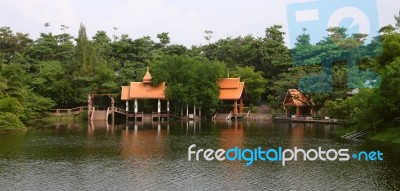 Pavilion Water Front Of Temple In Forest Stock Photo