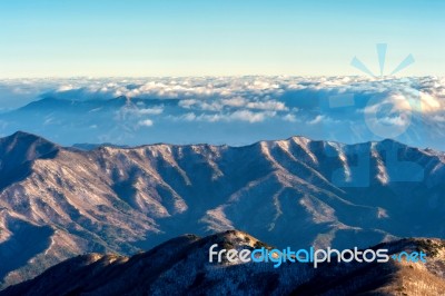 Peak Of Deogyusan Mountains With Morning Fog In Winter, South Korea Stock Photo