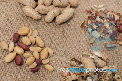 Peanuts On A Burlap Background Stock Photo