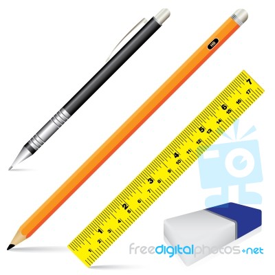 Pencil Eraser Ruler And Pen Isolated On White Background.  Object Tool For Office And School Stock Image