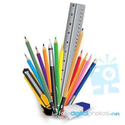 Pencil Eraser Ruler And Pen Isolated On White Background. Painting Tool In Office And School Isolated On White Background Stock Image