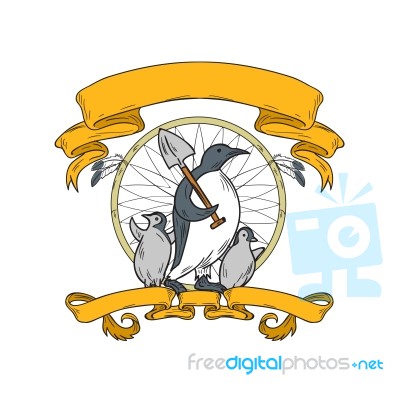 Penguin Shovel Chick Dreamcatcher Drawing Stock Image