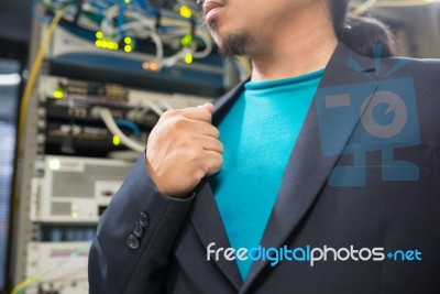 People Fix Core Switch In Network Room Stock Photo