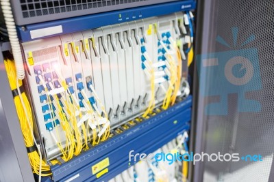 People Fix Node Fiber Optic In Network Room Stock Photo