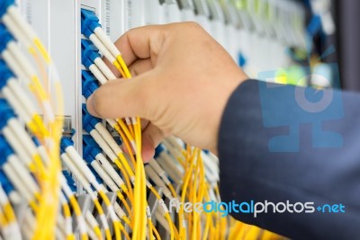 People Fix Node Fiber Optic In Network Room Stock Photo