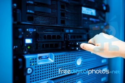 People Fix Server Network In Data Room Stock Photo