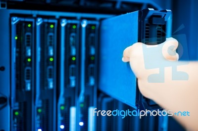 People Fix Server Network In Data Room Stock Photo