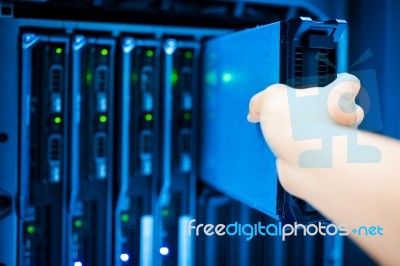 People Fix Server Network In Data Room Stock Photo