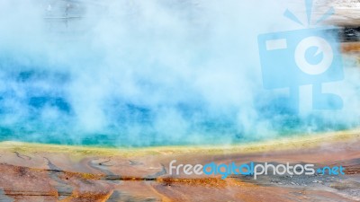 People On The Boardwalk At The Grand Prismatic Spring In Yellows… Stock Photo