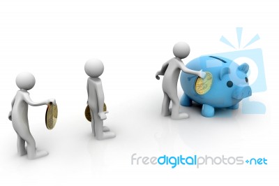 People Putting Money Into The Piggy Bank Stock Image