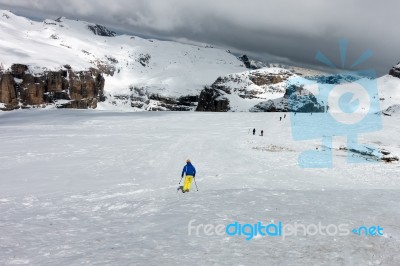 People Skiing From Sass Pordoi In The Upper Part Of Val Di Fassa… Stock Photo