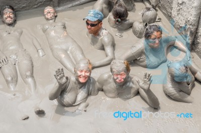 People Taking Mud Bath In Crater Of Totumo Volcano Near Cartagen… Stock Photo