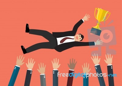 People Throw A Businessman With Trophy Cup In The Air Stock Image