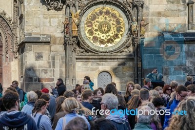 People Waiting For The Astronomical Clock In Prague Stock Photo