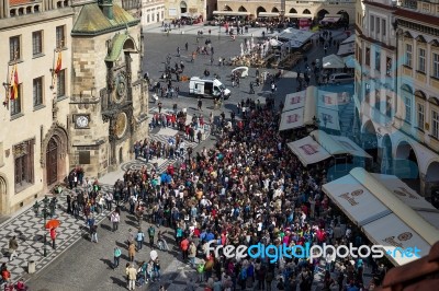 People Waiting For The Astronomical Clock In Prague Stock Photo