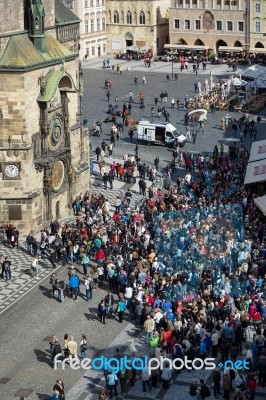 People Waiting For The Astronomical Clock In Prague Stock Photo