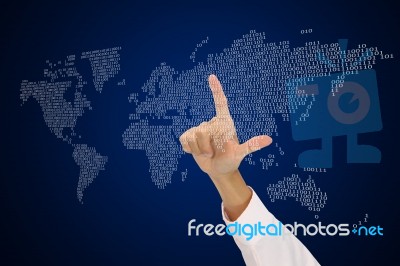 Person Hand Pointing World Map Stock Photo