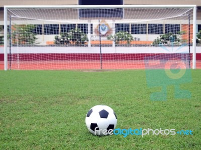 Perspective Of Penalty Spot Of Soccer Field Stock Photo