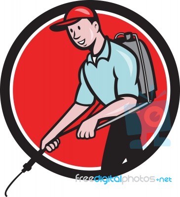 Pest Control Exterminator Spraying Circle Cartoon Stock Image