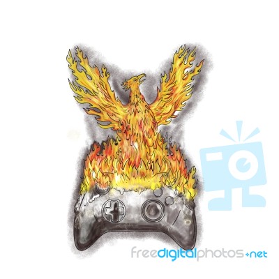 Phoenix Rising Over Burning Game Controller Tattoo Stock Image