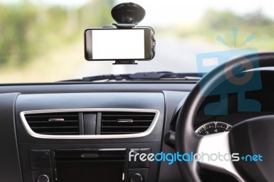 Phone White Screen On Mounted Stick To Glass In Car Stock Photo