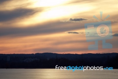 Photo Of A Beautiful Sunset On The Lake Stock Photo