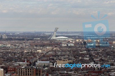 Photo Of The Streets And Olympic Stadium In Montreal Stock Photo