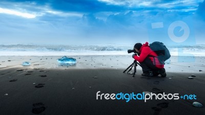 Photographer Take A Photo At Ice In Iceland Stock Photo