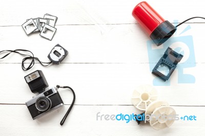 Photometer, Camera, Reels And Red Light Seen From Above Stock Photo