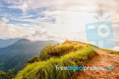 Phu Chi Fa Forest Park At Sunset, Thailand Stock Photo