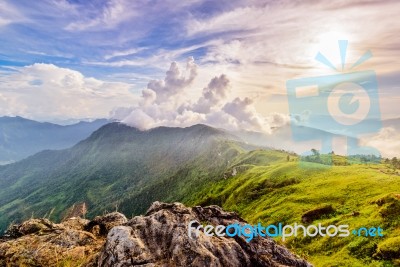 Phu Chi Fa Forest Park At Sunset, Thailand Stock Photo