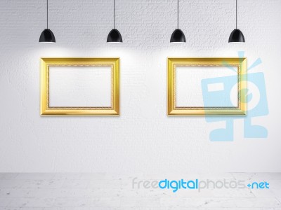 Picture Frame On Brick Wall And Lamp Show Stock Photo