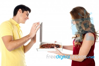 Picture Of Happy Romantic Couple With Pizza Stock Photo