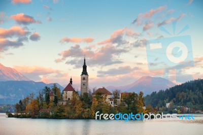 Picturesque Slovenia, Bled Lake And Town In The Evening Stock Photo