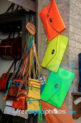 Pienza, Tuscany/italy - May 19 : Brightly Coloured Bags For Sale… Stock Photo