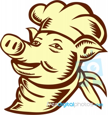 Pig Chef Cook Head Looking Up Woodcut Stock Image