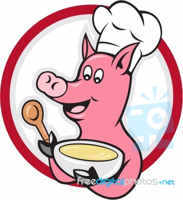 Pig Chef Cook Holding Bowl Cartoon Stock Image