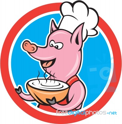 Pig Chef Cook Holding Bowl Circle Cartoon Stock Image