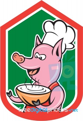 Pig Chef Cook Holding Bowl Shield Cartoon Stock Image