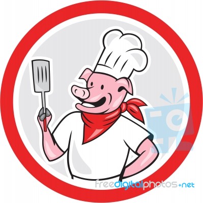 Pig Chef Cook Holding Spatula Circle Cartoon Stock Image