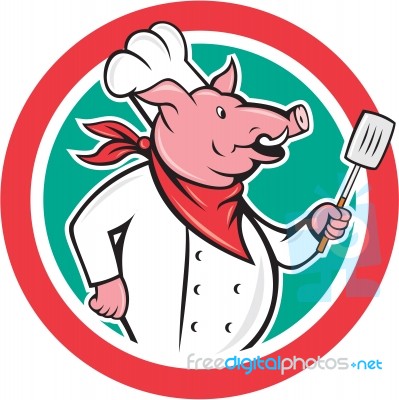 Pig Chef Cook Holding Spatula Circle Cartoon Stock Image