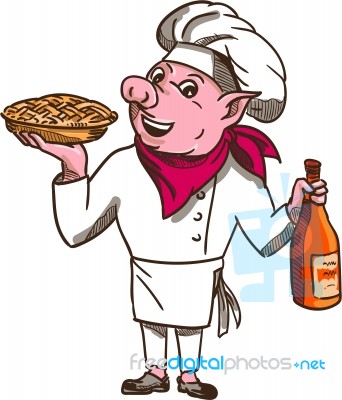 Pig Cook Pie Wine Bottle Cartoon Stock Image