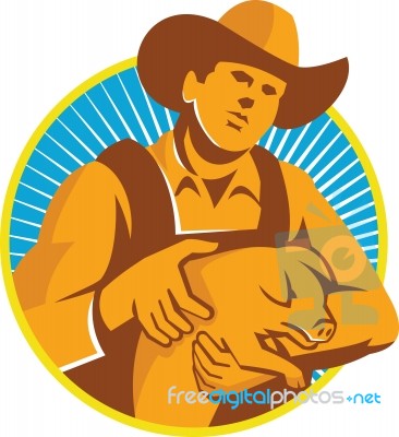 Pig Farmer Holding Piglet Front Retro Stock Image